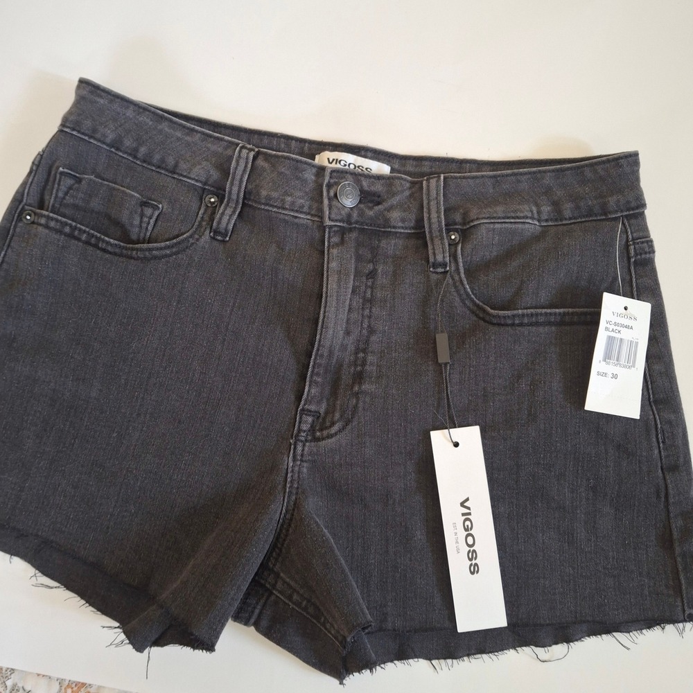Vigoss Ace High Rise Black Denim Shorts Raw Hem Size 30 NWT Summer Beach Casual